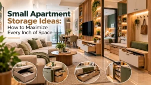Small apartment interior with built-in storage, vertical shelves and space-saving furniture